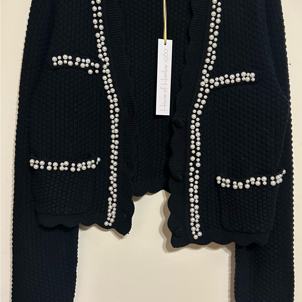 House of Harlow 1960 Black Cardigan with Pearl Accents